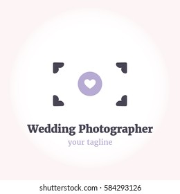 Vector logo template for wedding photographer. Illustration of camera with a heart in the lens in minimalistic style. Cute and creative logotype for a girl-photographer. Purple and grey colors. EPS10.