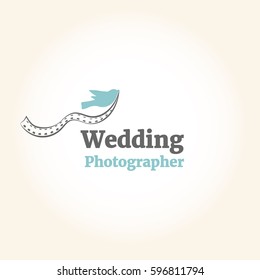 Vector logo template for wedding photographer. Illustration of bird carrying in its beak a film for the camera. Cute and creative logotype for a girl-photographer.  Mint and grey colors. EPS10.