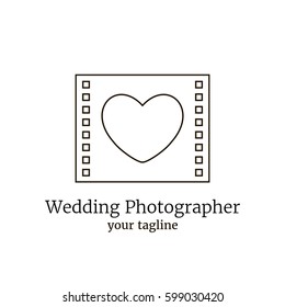 Vector logo template for wedding photography. Illustration of  film with the image of heart in black color. EPS10. Creative logotype design. 