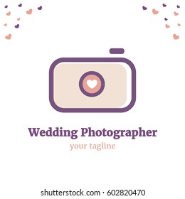 Vector logo template for wedding photography. Illustration of camera with heart on the lens in peach and wine colors. Wedding photographer icon. EPS10. Creative logotype design for girl-photographer. 