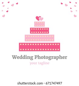 Vector logo template for wedding photography. Illustration of cake with two hearts made from film strips. Photographer icon. EPS10. Creative logotype design. 