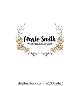 Vector logo template. Wedding wreath design. Feminine floral logotype. Yellow flowers