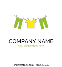 Vector logo template for windows manufacturing and installation company. Design element. EPS10. Illustration of trousers and T-shirts hanging on a rope.