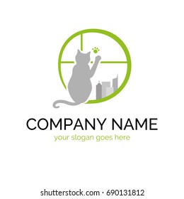 Vector logo template for windows manufacturing and installation company. Design element. EPS10. Style and modern logotype. Illustration of cat sitting on window.