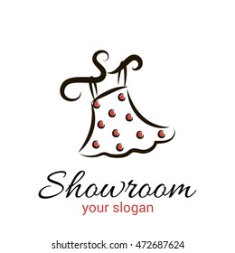 Vector logo template for women's clothing showroom or boutique. The skirt with red dots on a hanger.