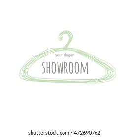 Plantilla del logotipo del Vector para la sala de exposición o la boutique de la ropa de las mujeres en colores populares en el 2016. Percha, dibuja un lápiz.
