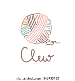 Vector logo template for wool shop. Illustration of  hand drawn multicolor clew. Handmade. Hobby icon. Selling woolen goods shop.