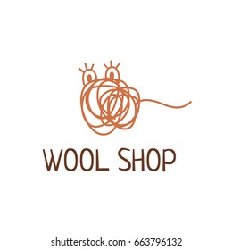 Vector logo template for wool shop. Brown tangle of thread with eyes. Creative logotype for woolen goods store. Handmade label. Hobby icon. EPS10.