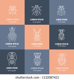 Vector Logo Templates With Bugs And Insects Made In Line Style - Each Label Is Isolated And Easy To Use. Data Protection Symbols, Pest Control, Nature Design Element.