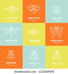 Vector Logo Templates With Bugs And Insects Made In Line Style - Each Label Is Isolated And Easy To Use. Data Protection Symbols, Pest Control, Nature Design Element.