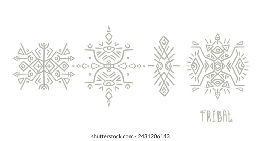 Vector logo templates draw inspiration from tribal and Indigenous art. Decorative designs feature geometric angles and freehand elements.