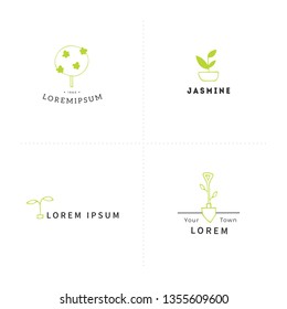 Vector logo templates . Garden and landscaping theme. Hand drawn colored elements. For business branding and identity, for blogs and websites, for lawn and plant care companies.