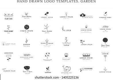 Vector logo templates set. Hand drawn isolated elements. Garden and landscaping theme. For business branding and identity, for blogs and websites, for lawn and plant care companies.
