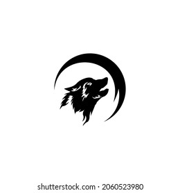 Vector logo templete, with a wolf head in the moon circle. 