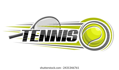 Vector logo for Tennis, decorative horizontal banner with outline illustration of hitting tennis ball, flying on trajectory in goal on white background and unique brush lettering for word tennis