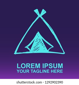 Vector Logo Tent Camp on Gradient Color Background Violet and Pink. Flat, Icon, Sign, Symbol, Object, Graphic Design, Element, Illustration for Print.