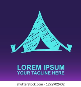 Vector Logo Tent Camp on Gradient Color Background Violet and Pink. Flat, Icon, Sign, Symbol, Object, Graphic Design, Element, Illustration for Print.