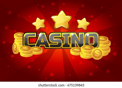 Vector logo text casino and gold coins, For Ui Game element. Red background glow