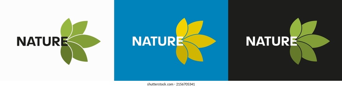 Vector logo with text in the center, yellow, green 5-leaf on the right, eco emblem, tag for organic product. Illustration with design for natural, ecological packaging, concept of saving the planet