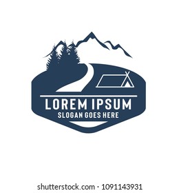 Vector logo theme of hiking, mountaineering, hunting or camping. Outdoor recreation, adventure in the mountains