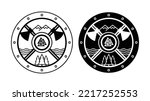 vector logo themed viking valhalla shield in black and white, with symbols of water, mountains and trees in scandinavia