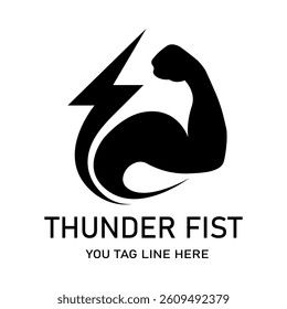 Vector logo for Thunder Fist. The design includes a lightning bolt intertwined with a flexed bicep, emphasizing the power and determination.