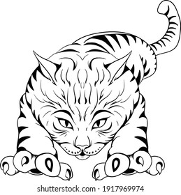 The Vector logo tiger cub for tattoo or T-shirt design or outwear.  Hunting style big cat print on black background. This hand drawing is for black fabric or canvas.