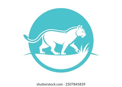 Vector logo of a tiger eating grass and walking  cartoon clip art  line art design
