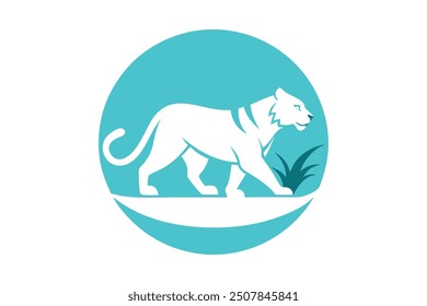 Logotipo del Vector de un tigre que come la hierba y que camina el diseño de arte de la línea del arte del Clip de la historieta