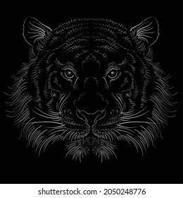 The Vector logo tiger or lion head for tattoo or T-shirt design or outwear.  Hunting style big cat print on black background. This hand drawing is for black fabric or canvas.