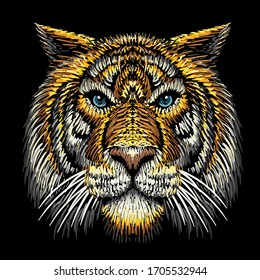 The Vector logo tiger for tattoo or T-shirt design or outwear.  Hunting style tigers print on black background. This hand drawing is for black fabric or canvas.