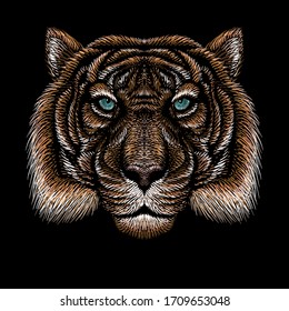 The Vector logo tiger for tattoo or T-shirt design or outwear.  Hunting style big cat print on black background. This hand drawing is for black fabric or canvas.