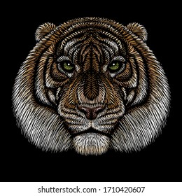 The Vector logo tiger for tattoo or T-shirt design or outwear.  Hunting style big cat print on black background. This hand drawing is for black fabric or canvas.