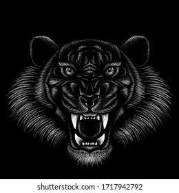 The Vector logo tiger for tattoo or T-shirt design or outwear.  Hunting style big cat print on black background. This hand drawing is for black fabric or canvas.
