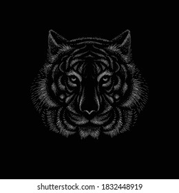 The Vector logo tiger for tattoo or T-shirt design or outwear.  Hunting style big cat print on black background. This hand drawing is for black fabric or canvas.