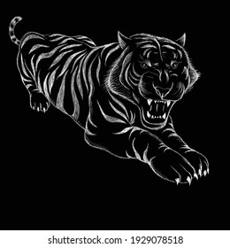 The Vector logo tiger for tattoo or T-shirt design or outwear.  Hunting style big cat print on black background. This hand drawing is for black fabric or canvas.