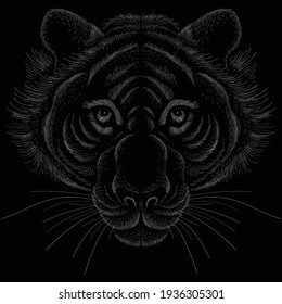 El tigre del logotipo del Vector para el tatuaje o el diseño de camisetas o ropa interior.  Estilo de caza gran gato impreso en fondo negro. Este dibujo manual es para tela negra o lienzo.