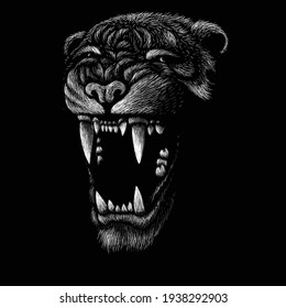 The Vector logo tiger for tattoo or T-shirt design or outwear.  Hunting style big cat print on black background. This hand drawing is for black fabric or canvas.