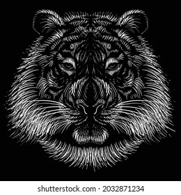The Vector logo tiger for tattoo or T-shirt design or outwear.  Hunting style big cat print on black background. This hand drawing is for black fabric or canvas.