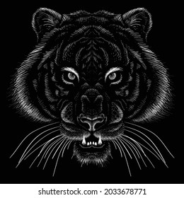 The Vector logo tiger for tattoo or T-shirt design or outwear.  Hunting style big cat print on black background. This hand drawing is for black fabric or canvas.