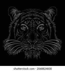 Der Vector Logo-Tiger für Tätowierungen oder T-Shirt-Design oder Outwear.  Jagen Stil große Katze Druck auf schwarzem Hintergrund. Diese Handzeichnung ist für schwarze Stoffe oder Leinwände.