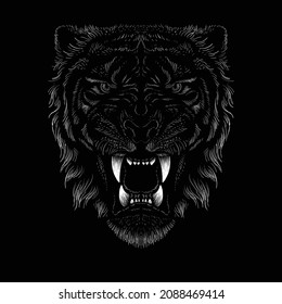 The Vector logo tiger for tattoo or T-shirt design or outwear.  Hunting style big cat print on black background. This hand drawing is for black fabric or canvas. New Year of the Blue Water Tiger 2022