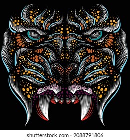 The Vector logo tiger for tattoo or T-shirt design or outwear.  Hunting style big cat print on black background. This hand drawing is for black fabric or canvas. New Year of the Blue Water Tiger 2022