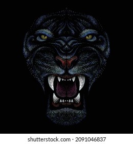 The Vector logo tiger for tattoo or T-shirt design or outwear.  Hunting style big cat print on black background. This hand drawing is for black fabric or canvas. Blue Water Tiger 2022