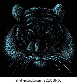 Der Vector Logo-Tiger für Tätowierungen oder T-Shirt-Design oder Outwear.  Jagen Stil große Katze Druck auf schwarzem Hintergrund. Diese Handzeichnung ist für schwarze Stoffe oder Leinwände.