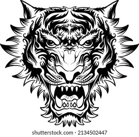 The Vector logo tiger for tattoo or T-shirt design or outwear.  Hunting style big cat print on black background. This hand drawing is for black fabric or canvas.