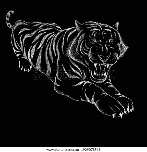 The Vector logo tiger for tattoo\
or T-shirt design or outwear.  Hunting style big cat print on black\
background. This hand drawing is for black fabric or\
canvas.