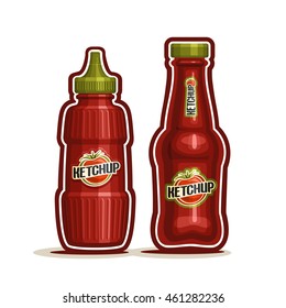 Logotipo vectorial Botella Ketchup Tomate, chorro de plástico rojo chorro chorro de plástico, pasta dosificadora de recipientes de vidrio, botella de ketchup de tomate para la cocina café americano bistro comida rápida sobre fondo blanco