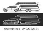 Vector logo for Tourist Caravan, automotive banners with illustration of monochrome luxury camper in moving, decorative artwork of electric jeep pulled trailer caravan on black and white background