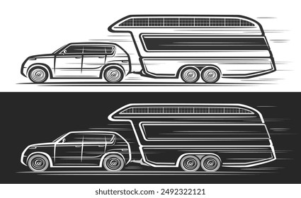 Vector logo for Tourist Caravan, automotive banners with illustration of monochrome luxury camper in moving, decorative artwork of electric jeep pulled trailer caravan on black and white background